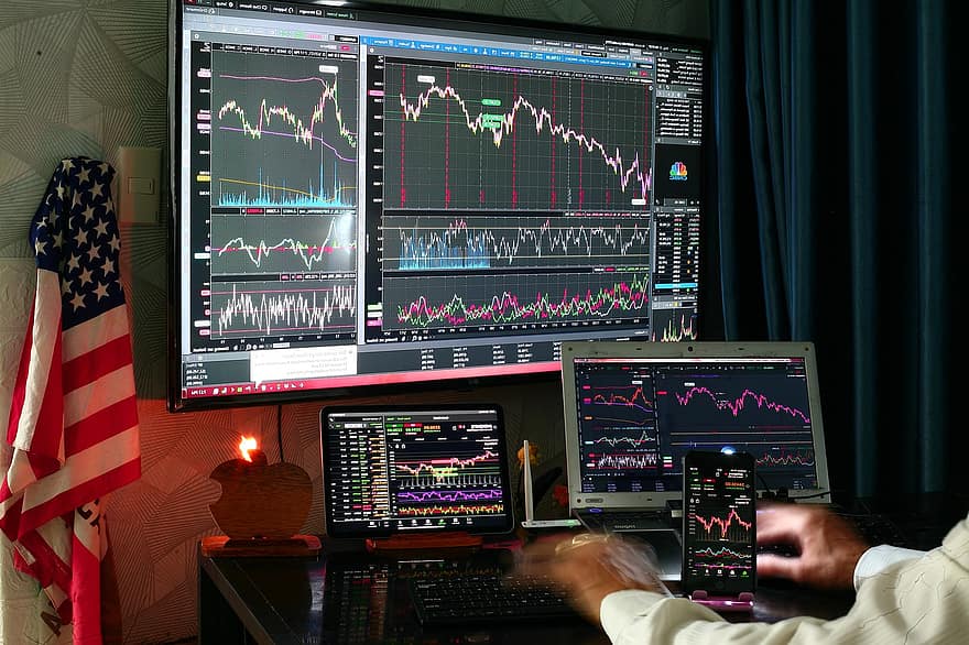 komputer, Zbiory, rynek, wykres, na dół, S P 500, nasdaq, nyse, Cboe, bitcoin, inwestycja