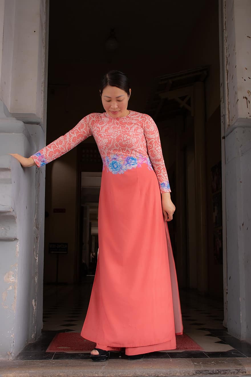 vrouw, oa dai, mode, Vietnamees, meisje, dame, persoon, traditionele slijtage, lange jurk, mooi, pose