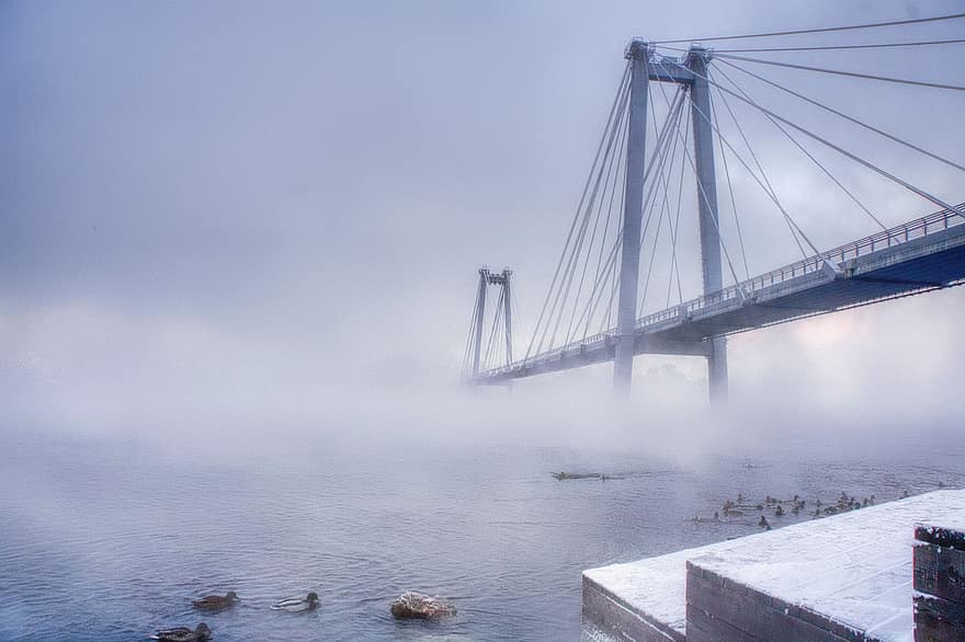 híd, köd, város, folyó, szabadban, utazás