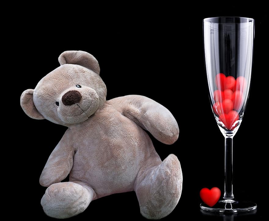 Teddy Bear, Bear, Stuffed Animal, Glass, Hearts, Gift