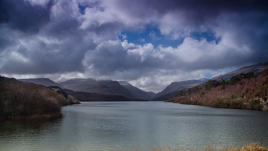 lac, munţi, Țara Galilor, Snowdonia, natură, peisaj, apă, cer, nori, scenă, pitoresc