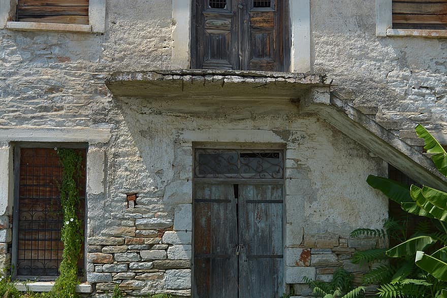 Стара къща, Гърция, архитектура, прозорец, стар, външна сграда, затвор, дърво, врата, история, стена
