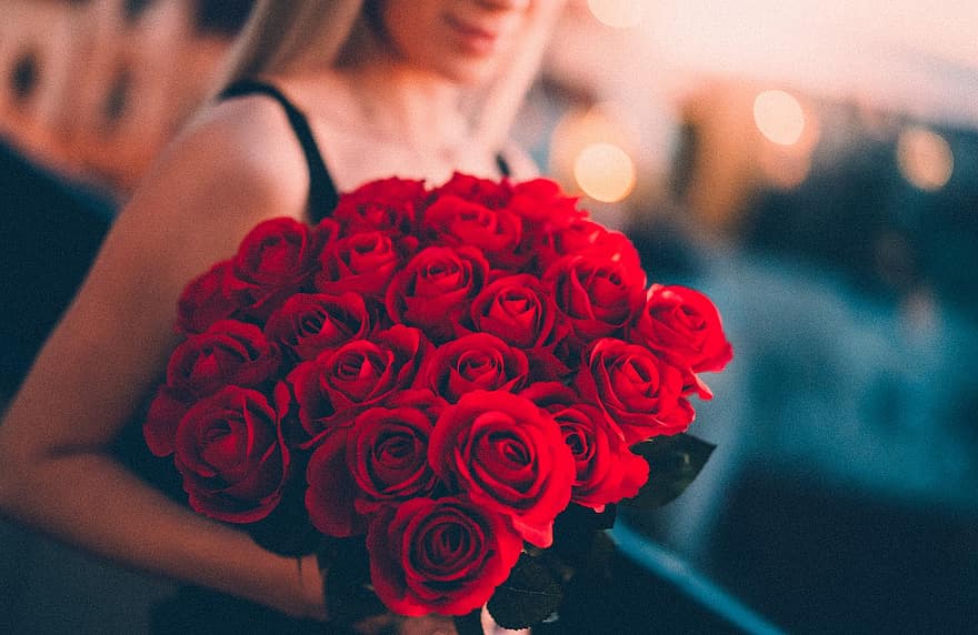 gėlės, rožės, puokštė, dovanos, Valentino diena, laimingos Valentino dienos, meilė, moterys, romantika, suaugusiųjų, gėlė