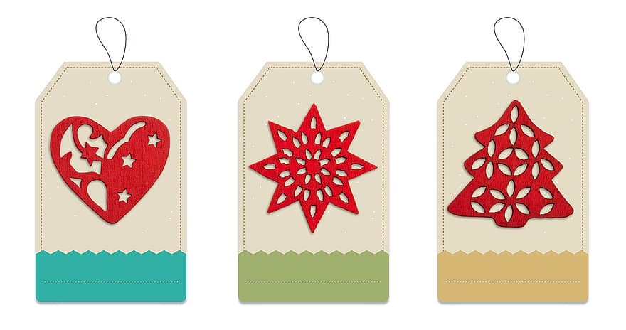 dovanų žymės, Kalėdos, dovanos, kuponas, poinsettia, širdis, mediena