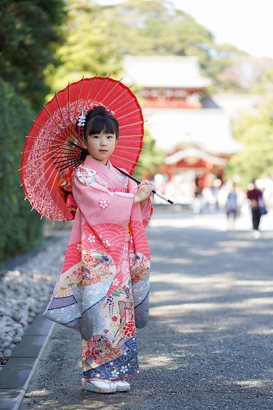 quimono, guarda-chuva japonês, menina, criança, estilo japonês, tradicional, cultura, estrada, rua, ao ar livre, kamakura