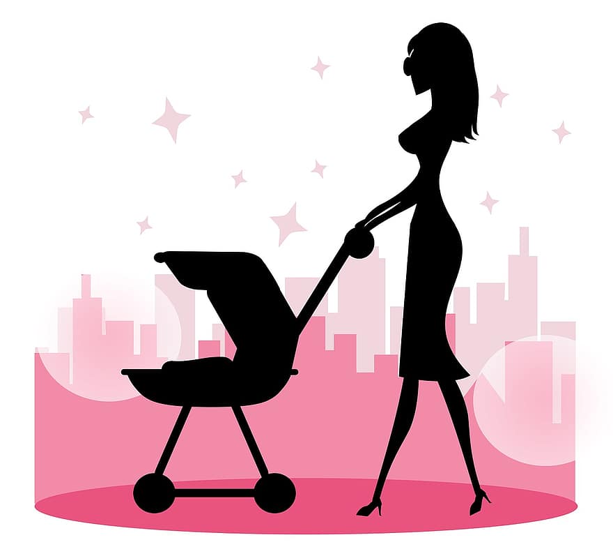 berwarna merah muda, ibu, mama, bayi, kereta bayi, cinta, senang, wanita, berkilau, tangga, kota