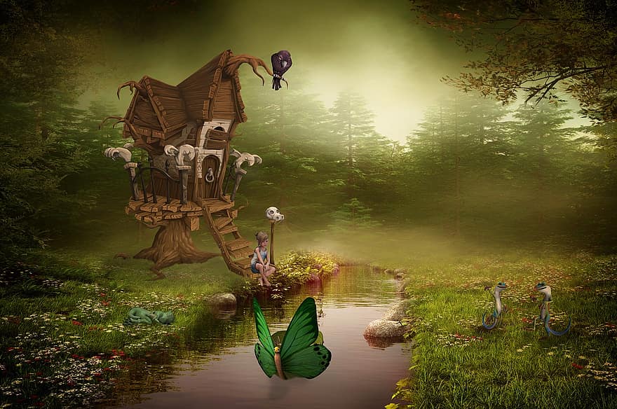 Fairy Tale World, Fairytale, Child, Girl, House, Meadow, Gecko, Dragons, Boat, Water, River
