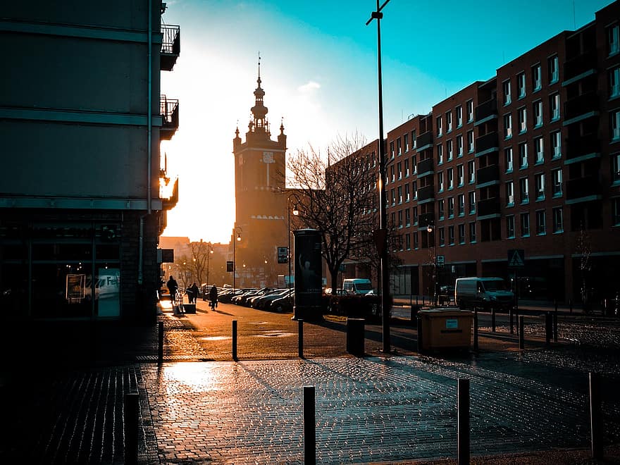 Gdańsk, เมือง, สิ่งปลูกสร้าง, พระอาทิตย์ขึ้น, พระอาทิตย์ตกดิน, ถนน, เมืองเก่า, ตัวเมือง, หอคอย, หลักเขต, การท่องเที่ยว