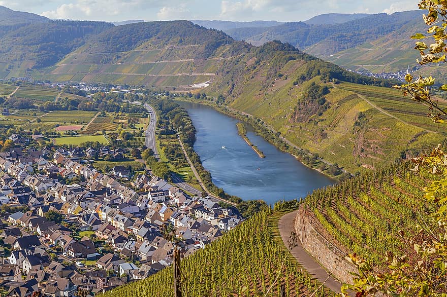 Bremm, Moselle hurok, szőlőskert, szőlőn, folyó, Moselle, város, vidéki táj, Németország, ősz, esik