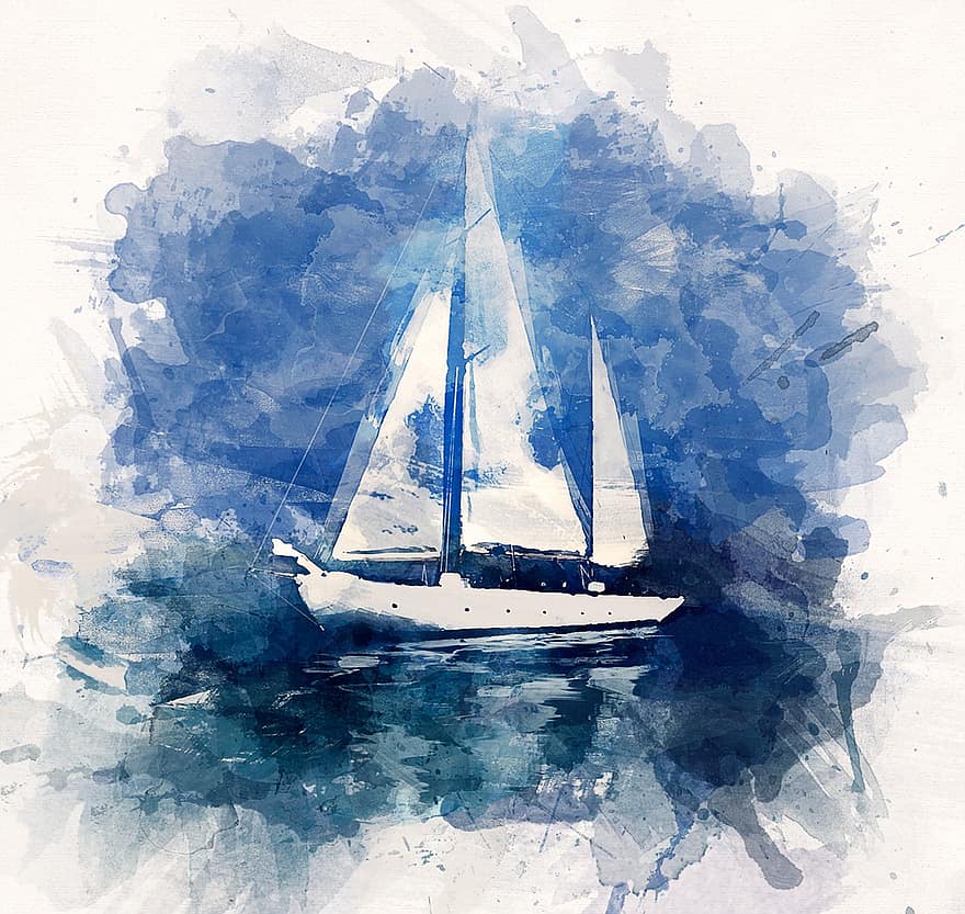 ilustracja, statek, jacht, ocean, morze