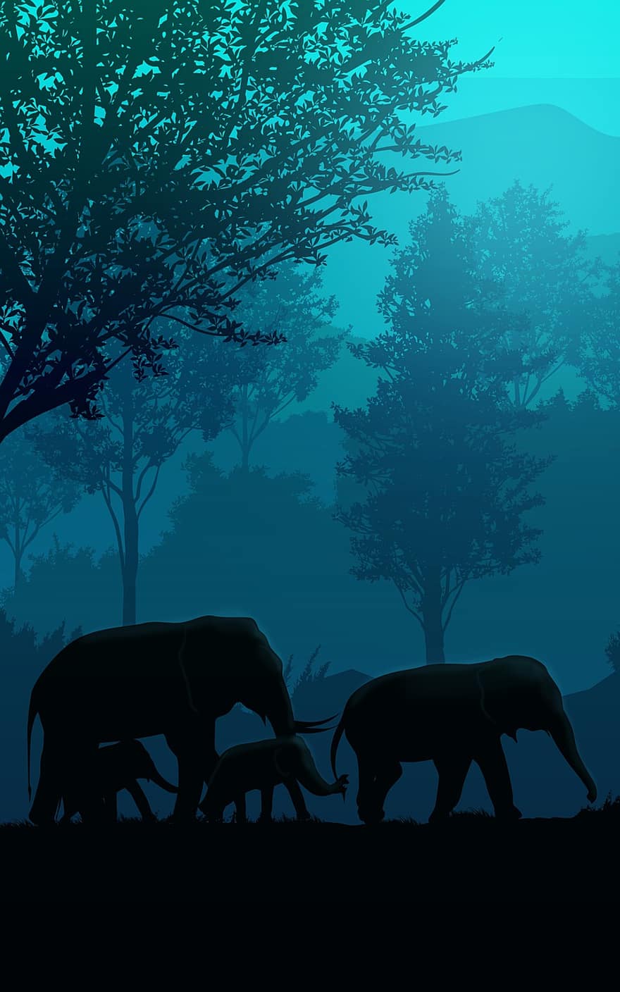 le coucher du soleil, l'éléphant, animal, cheval, silhouette, la nature, paysage, arbre, ciel, safari, sauvage