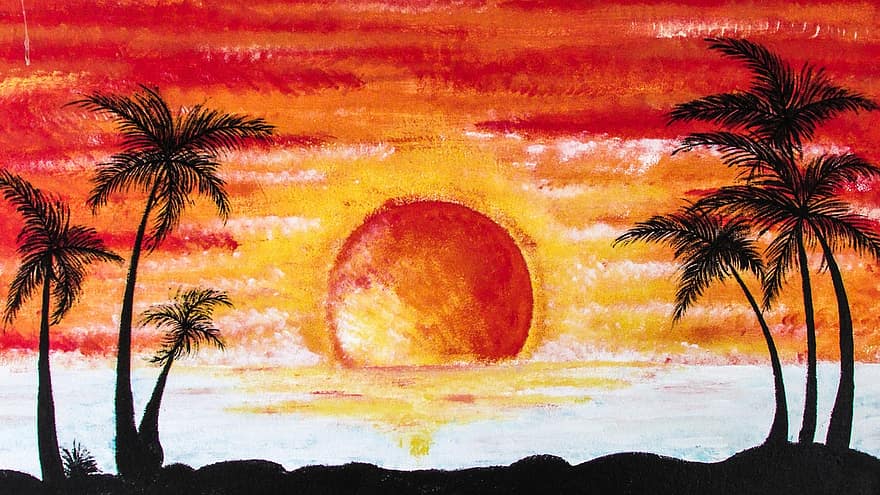por do sol, palmas, de praia, período de férias, Chipre, pintura