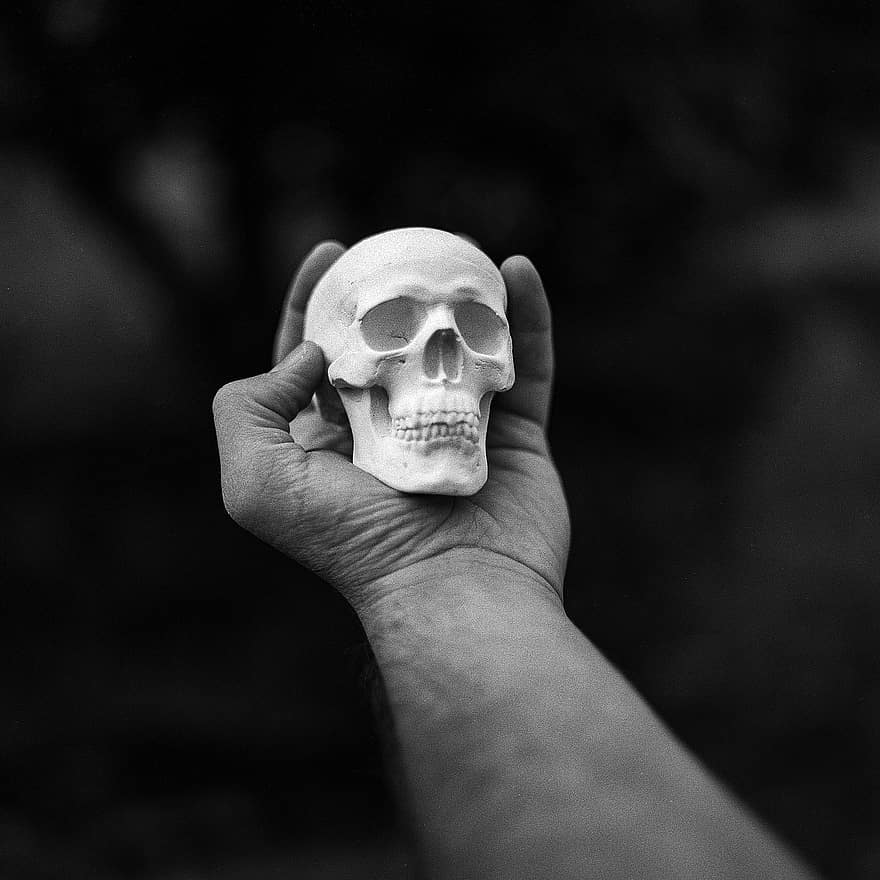 crani, mà, mort, humà, grunge, ossos, fosc, fantasmal, crani negre