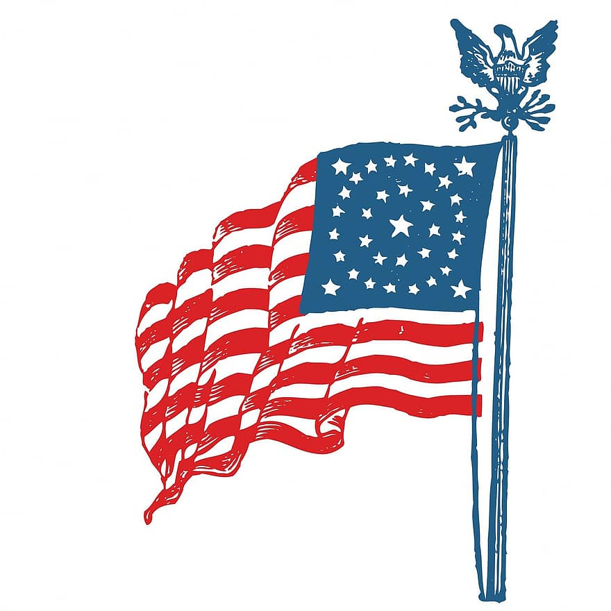 Flag, Waving, American, United States, Stars, Stripes, Red, Blue, White, Background, Eagle