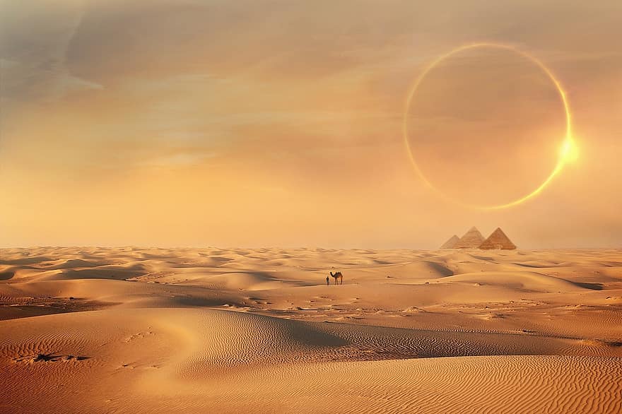 desert, Egipte, fantasia, piràmides, dunes, estimada, núvols, sol, sorra, camell, duna de sorra