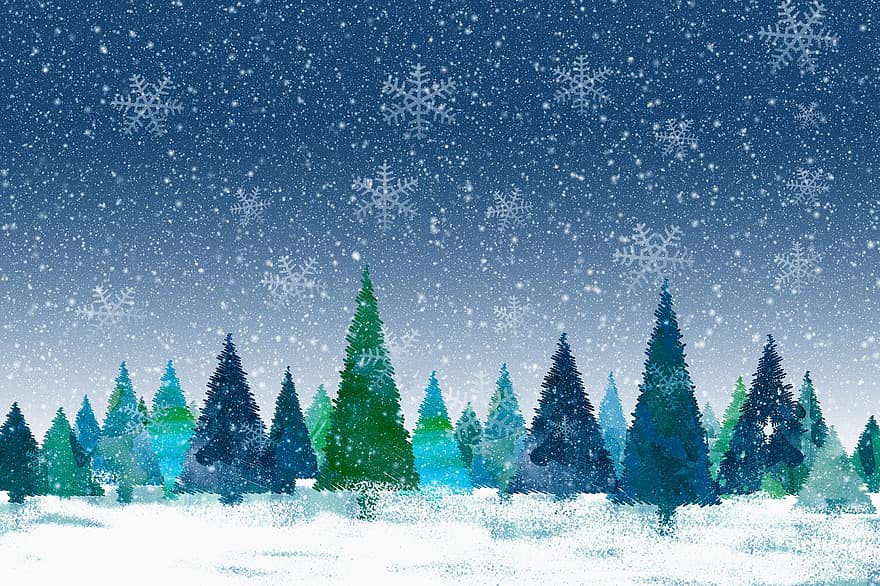 Christmas, Winter, Fir Tree, Forest, Snow, Cold, Christmas Time, Background, Snowflake, Drawing, Abstract