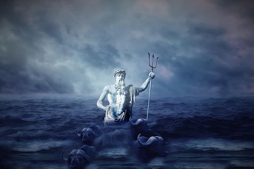 Neptune, Water, Sky, God, Sea, Trident, Poseidon, Fantasy, Fairy Tale, Buffalos, Mythology