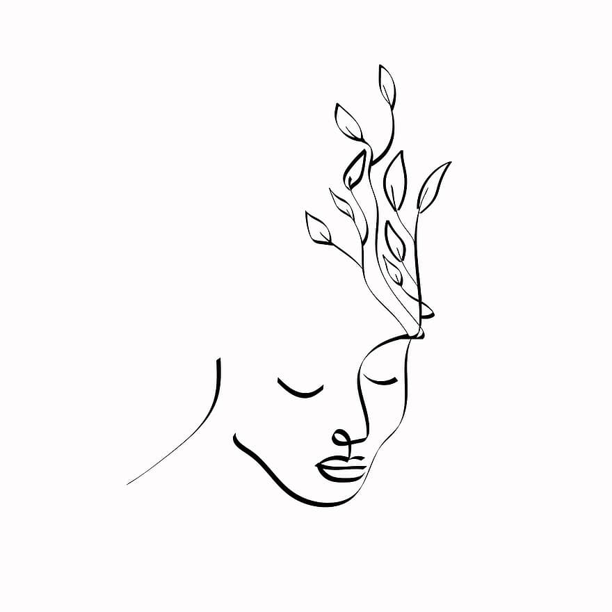 Woman, Lady, Face, Fashion Model, Drawing, Background, Design, Lines, Bohemian, Botanical, illustration