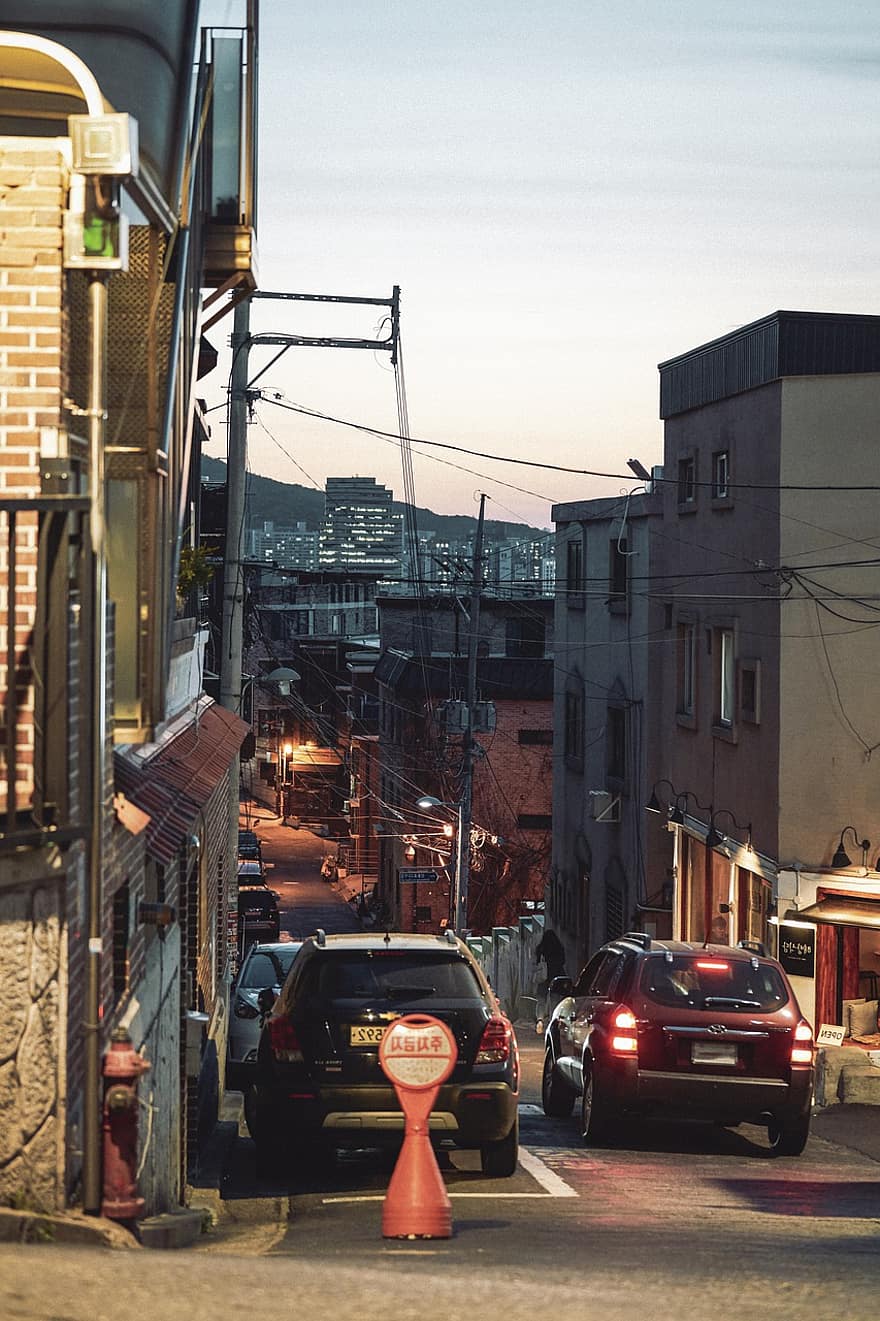 Coreia do Sul, rua, Seul, crepúsculo, por do sol, cidade, panorama, fotografia de filme, carro, noite, transporte