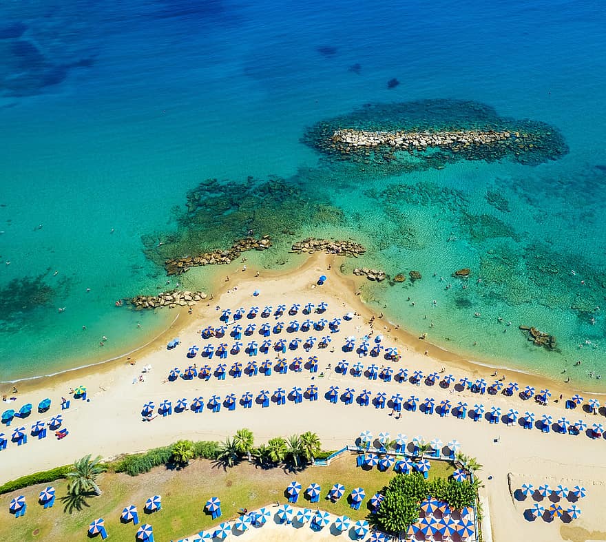 Sea, Beach, Sand, Aerial, Sun Beds, Umbrellas, Coast, Water, People, Seashore, Paphos