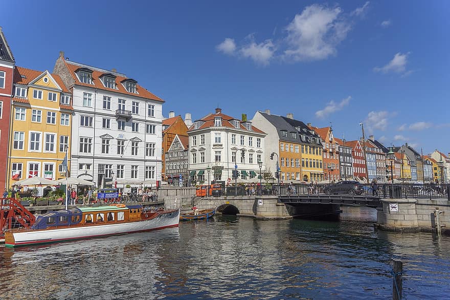 Копенгаген, Дания, канал, лодки, водный путь, город