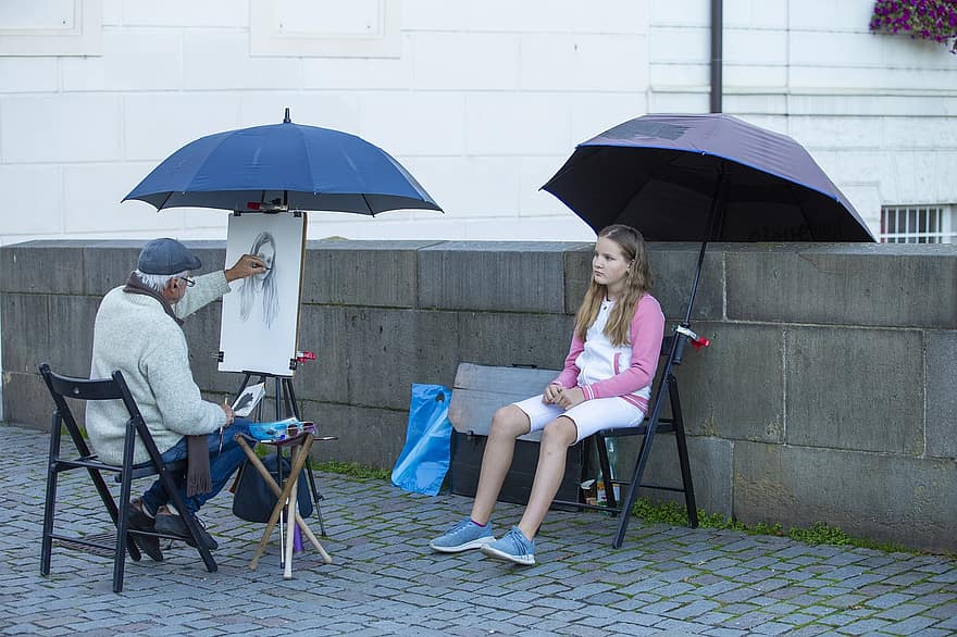 artiest, schetsen, portret, meisje, jong, straat, paraplu, buitenshuis, stedelijk, man, tekening