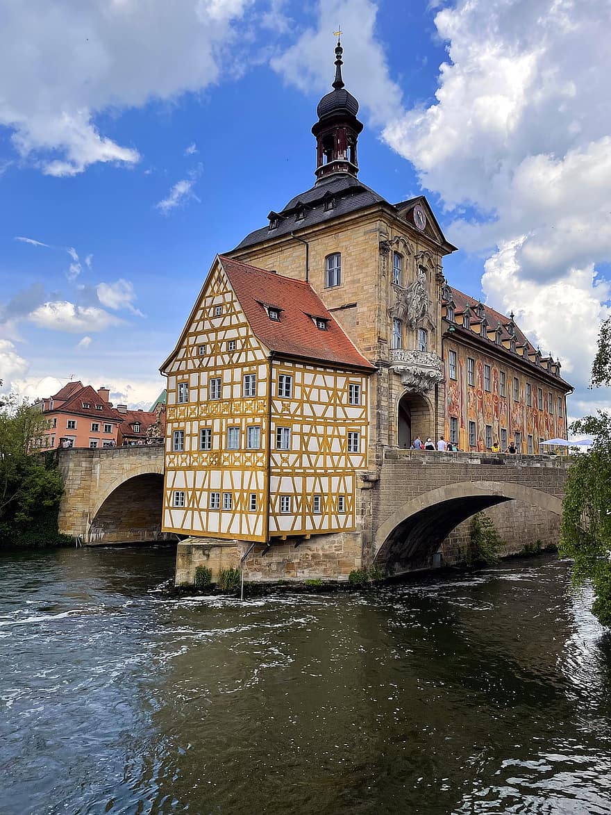 Bamberg, mairie, rivière, pont, ancien hôtel de ville, historique, bâtiment, architecture, ferme, eau, ville