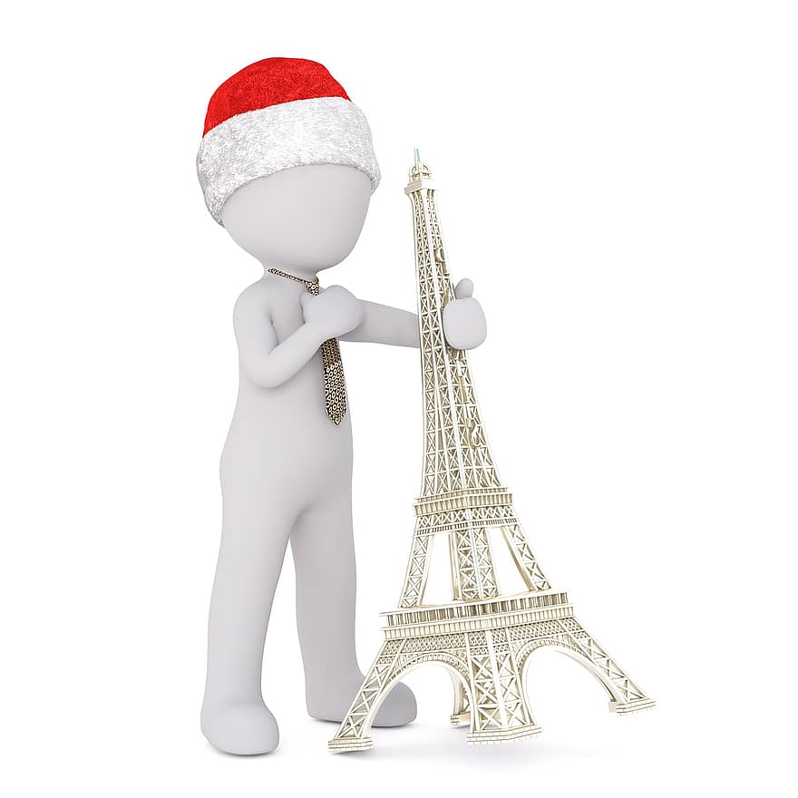 blanke man, 3d model, volledige lichaam, 3d kerstmuts, Kerstmis, kerstmuts, 3d, wit, geïsoleerd, Eiffeltoren, interessante plaatsen