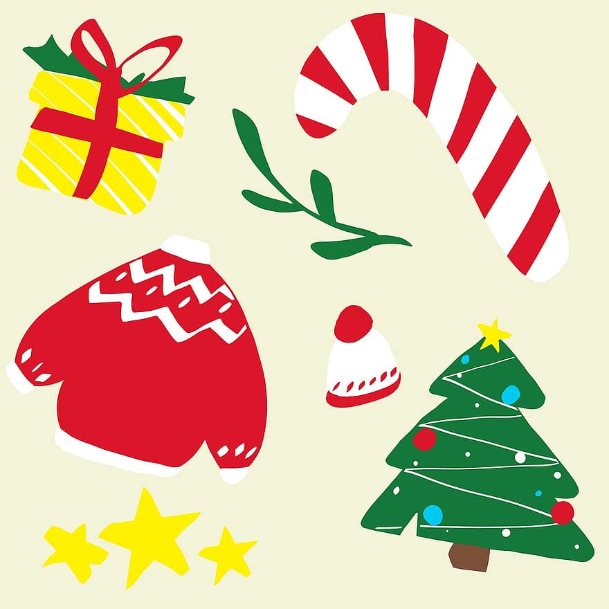 jul, jul clip art, julklistermärken, Semester, firande, vinter-, dekoration, gåva, illustration, säsong, humör