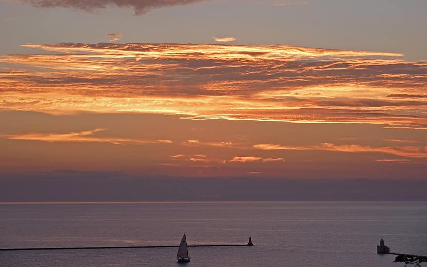zonsondergang, meer, Lake Huron, Ontario, water, boot, het zeilen, landschap, schemer, hemel
