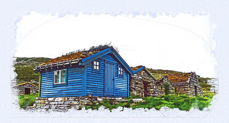 Huts, Log House, Log Cabins, Alpine Huts, Wooden Beams, Wood Shingles, Painting