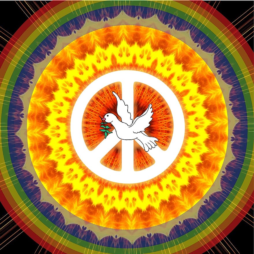 Peace, Art, Artwork, Love, Dove, Hippie, Rainbow, Sun, Bright, Colourful, Woodstock