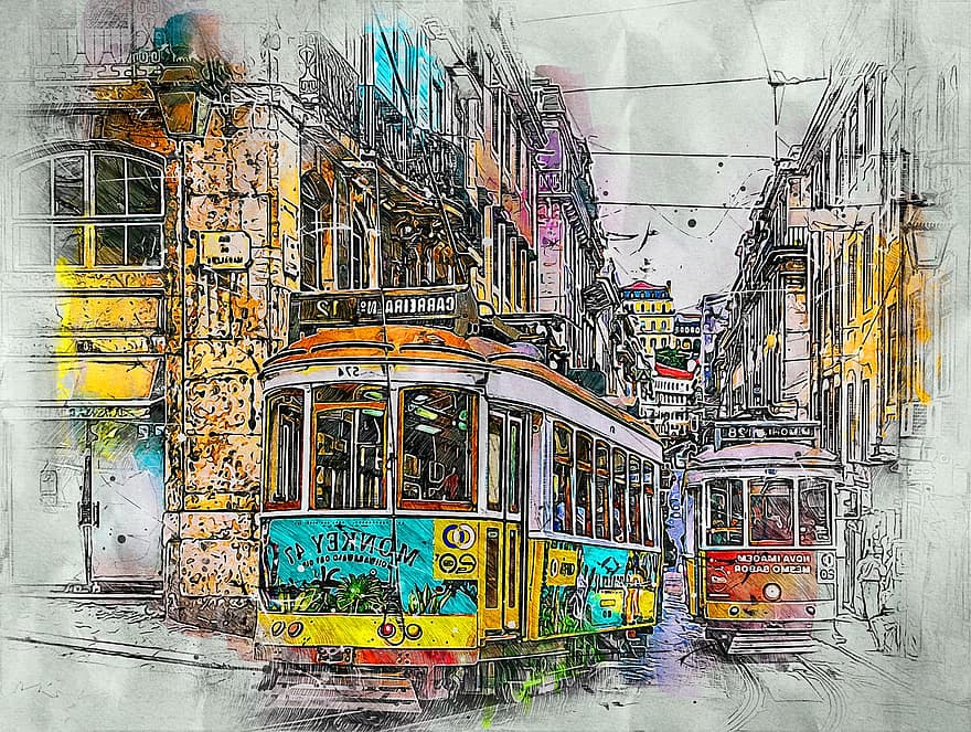 Portugalsko, město, tramvaje, Lisabon, ulice, architektura, doprava, cestovní ruch
