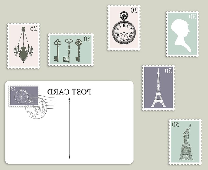 porto, postkort, frimærker, frimærke, poststempel, årgang, kunst, scrapbooking, Eiffeltårnet, Frihedsgudinden, holde øje