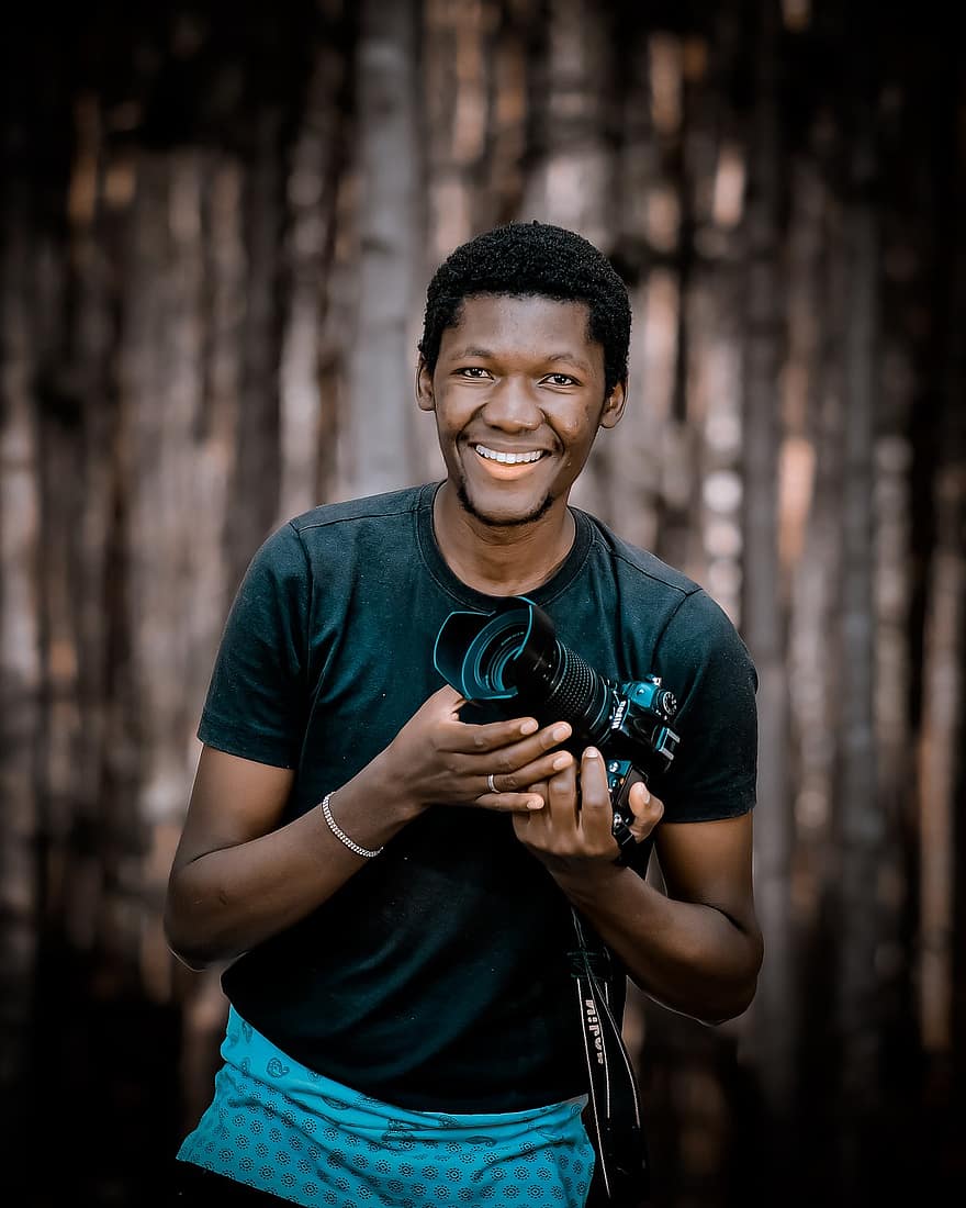 Man, Model, Camera, Photographer, Lens, Equipment, Smile, African American, Happy, Holding