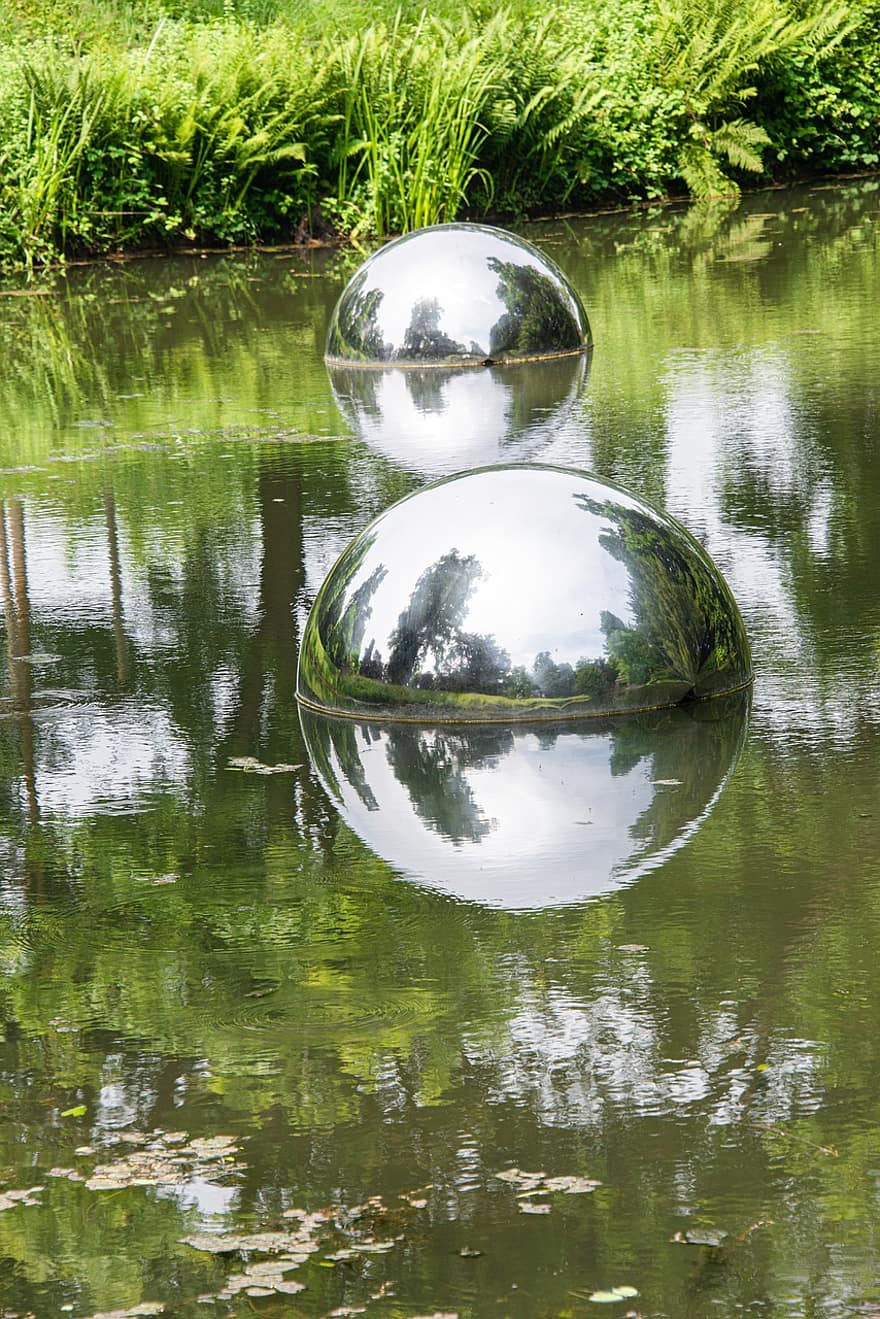 stål boll, damm, reflexion, vatten, spegling, natur, sjö, vattenreflektion, prydnad