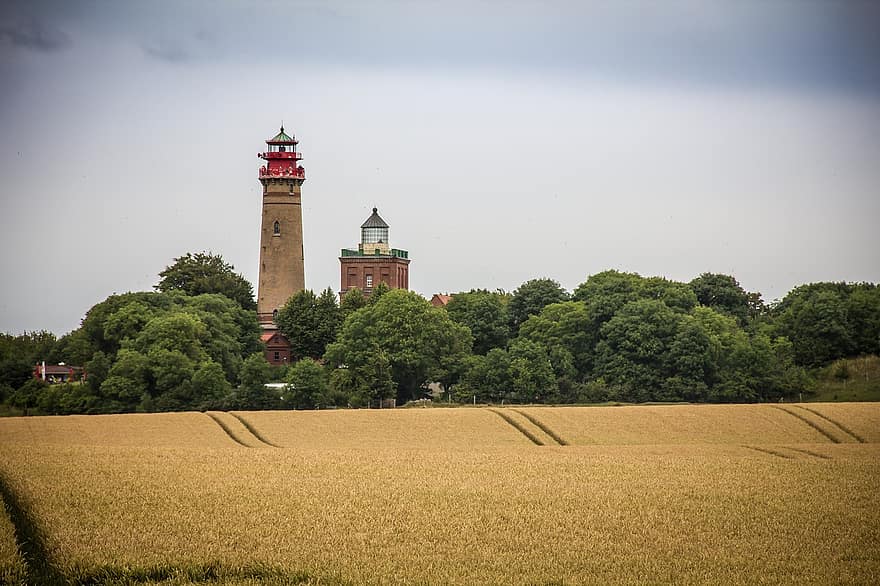 tájkép, tájékozódási pont, világítótornyok, tornyok, Schinkel-torony, mező, búzamező, tanya, cape arkona, Rügen