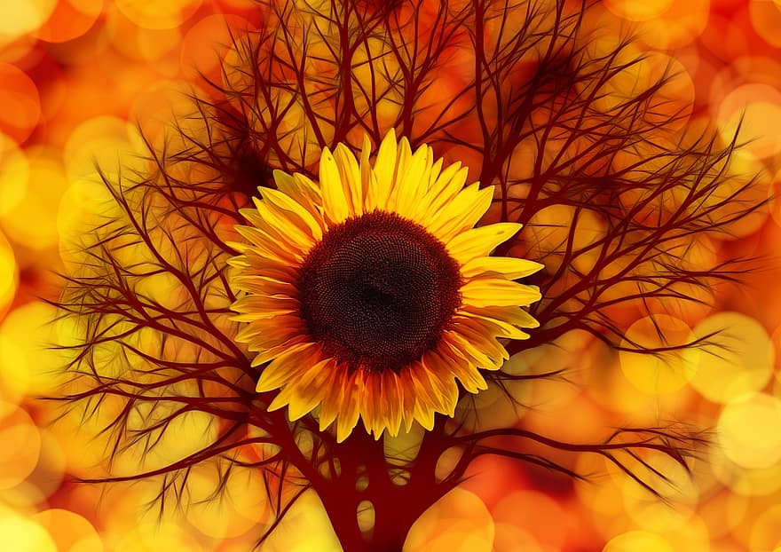 solsikke, senter, blomst, sommer, gul, anlegg, natur, tre, estetisk, abstrakt, høst