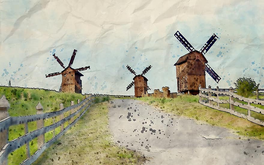 Windmill, Landscape, Mill, Architecture, Agriculture, Structure, Countryside, Old, Traditional, Digital, Art