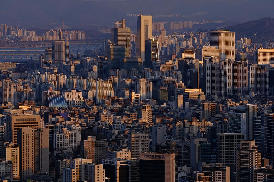 ciutat, Seül, posta de sol, paisatge, crepuscle, riu han, yeouido, tarda, nit, vespre, Corea del Sud