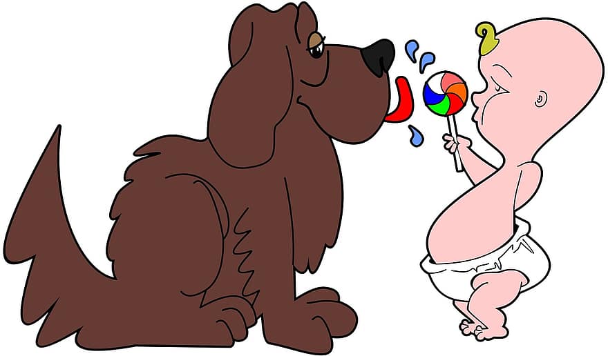 cão, desenho animado, isolado, bebê, mamífero, lanche, otário, fralda, amiga, comer, doces