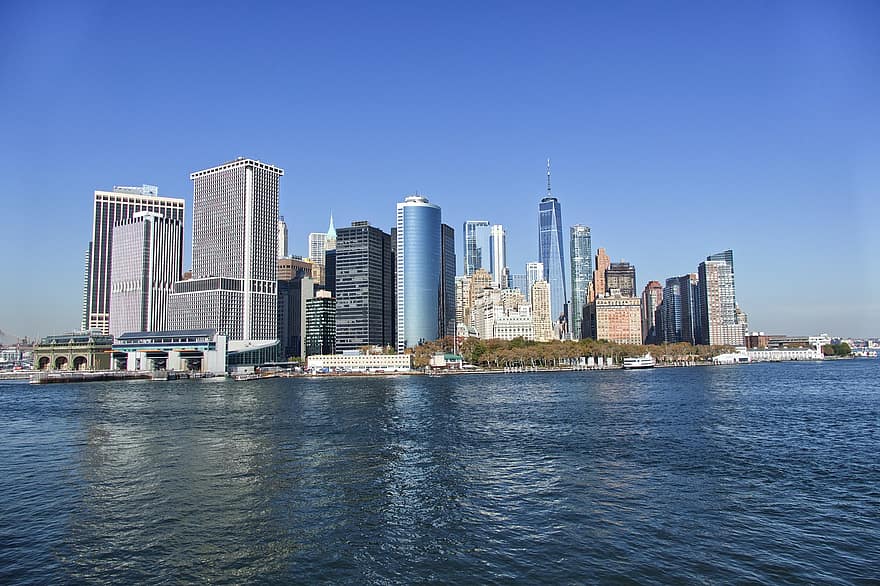 skyskrabere, bygninger, new york, nyc, Manhattan, arkitektur, by, solnedgang, natur, horisont, rejse