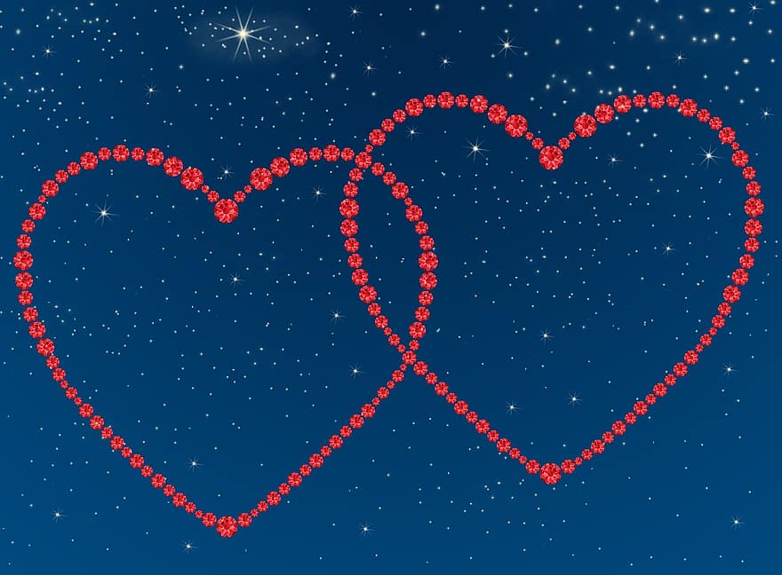 rubiner, pärlor, rött hjärta, dubbel hjärta, stjärnbeströdd himmel, romantisk