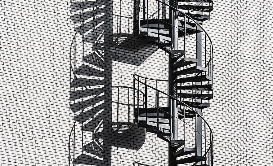 escadas, escada em espiral, Escadas de segurança, a sombra, Escadaria, espiral, arquitetura, passos, abstrato, desenhar, curva