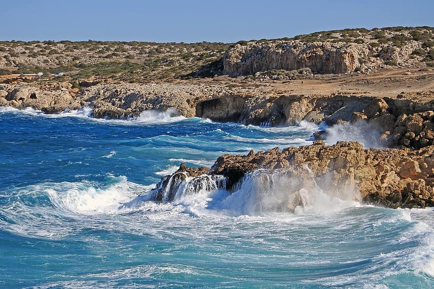 természet, tengerpart, tenger, hullámok, cavo greko, hullám, víz, szikla, kék, tájkép, nyári