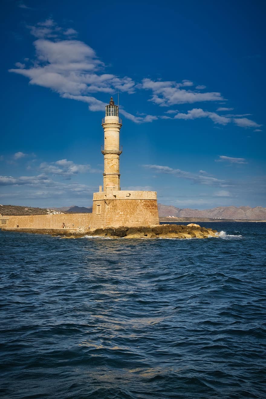 Sea, Port, Lighthouse, Lantern, Building, Bay, Water, Chania, Greece, Crete, Mediterranean