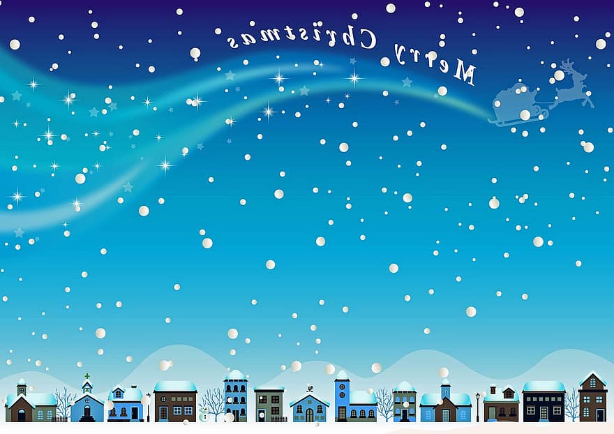 Santa Claus na obloze, sněhové vločky, zasněžené krajiny, sob, noc, příchod, zamrzlý, strom, Příroda, Vánoce, bílý