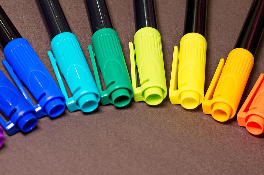 marcadors, bolígrafs, dibuix, gràfics, coloració, vermell, blau, taronja, verd, groc