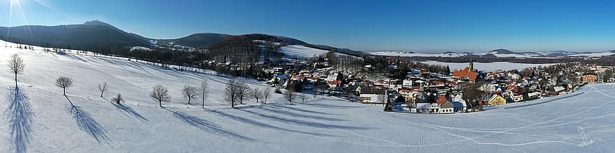 Town, Winter, Houses, Season, Walter Village, Upper Lusatia, Church, snow, mountain, sport, landscape