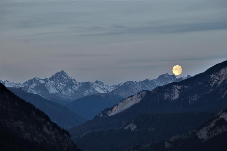 Alps, Mountains, Full Moon, Alpine, Summit, Snow, Nature, Landscape, Scenery, Peak, Moon